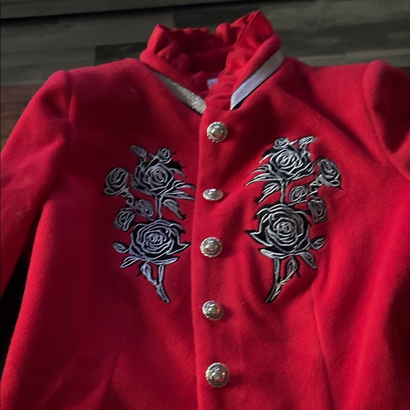Ruffled Stand-up Collar Single-breasted Rose Embroidered Jacket - Picture 7 of 9